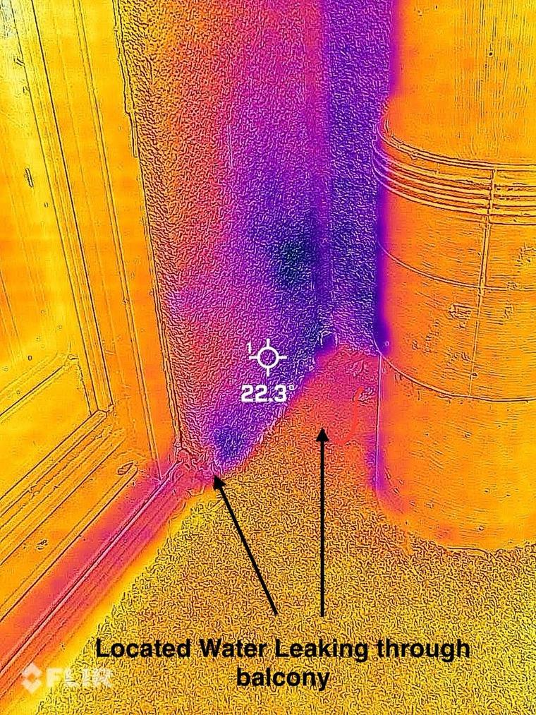 Thermal image locating water leaking through a balcony